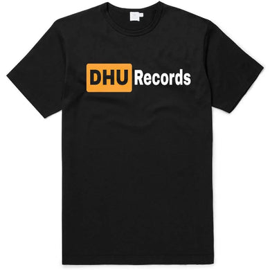 Black t-shirt with 'DHU Records' logo on a white background