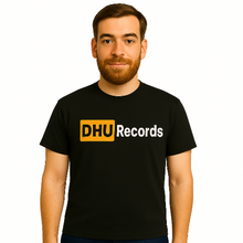 Load image into Gallery viewer, Man wearing a black t-shirt with &#39;DHU Records&#39; logo on a white background