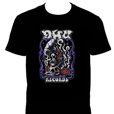 Black t-shirt with a graphic design and text on a white background