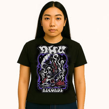 Load image into Gallery viewer, Person wearing a black t-shirt with a graphic design and &#39;Records&#39; text on a white background