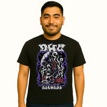 Load image into Gallery viewer, Man wearing a black t-shirt with a graphic design and &#39;Dark Records&#39; text on a white background