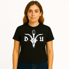 Load image into Gallery viewer, Person wearing a black t-shirt with a white logo on a white background