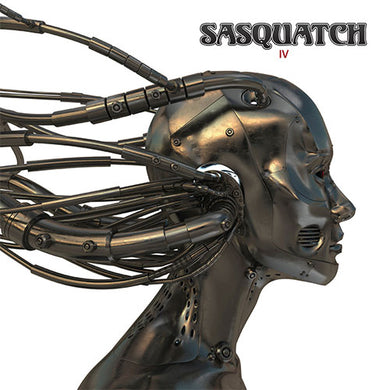 Metallic sculpture of a humanoid figure with mechanical components on a white background, featuring the text 'Sasquatch IV'.
