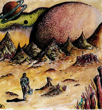 Cargar imagen en el visor de la galería, Illustration of a desert landscape with a person in futuristic gear, pyramids, and a planet in the sky.