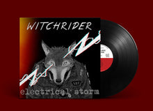 Load image into Gallery viewer, Vinyl record with a wolf illustration and 'Witchrider' album cover on a red background