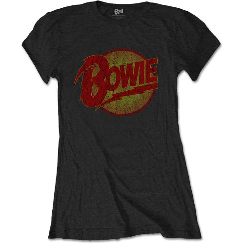 Black t-shirt with red 'Bowie' logo on a white background