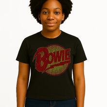 Load image into Gallery viewer, Person wearing a black t-shirt with a red &#39;Bowie&#39; graphic design on a white background