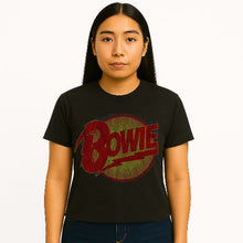 Load image into Gallery viewer, Person wearing a black t-shirt with a red &#39;Bowie&#39; graphic design on a white background