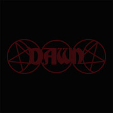 Load image into Gallery viewer, Red 'Dawn' logo with pentagram design on a black background