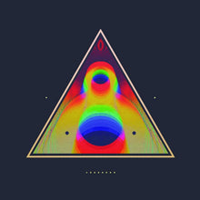 Load image into Gallery viewer, Colorful geometric design with a central eye-like figure inside a triangle on a dark background