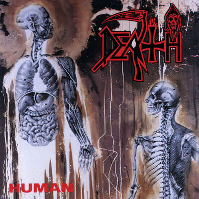 Cover art for DEATH album 'Human' featuring a grayscale illustration of human anatomy against a dark background with the band's logo in red.