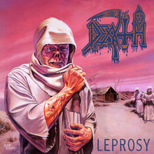 Cargar imagen en el visor de la galería, Album cover art for DEATH's Leprosy album featuring a hooded figure with a pale complexion against a pink and purple background, with the band's logo above the title 'LEPROSY'.