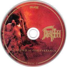 Cargar imagen en el visor de la galería, CD disc with 'Death' band logo and text 'The Sound of Perseverance' on a red background
