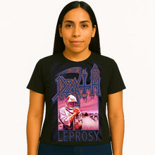 Load image into Gallery viewer, Person wearing a black t-shirt with a graphic design and text.