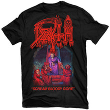 Cargar imagen en el visor de la galería, Black t-shirt with red graphic design and &#39;Scream Bloody Gore&#39; text on a white background