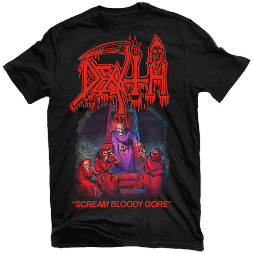 Black t-shirt with red graphic design and 'Scream Bloody Gore' text on a white background