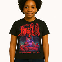 Cargar imagen en el visor de la galería, Person wearing a black t-shirt with a graphic design and text.