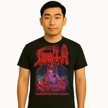 Cargar imagen en el visor de la galería, Person wearing a black t-shirt with a graphic design and text.