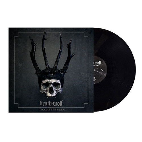 Album cover of 'Death Wolf - IV: Come The Dark' featuring a dark, gothic design with a skull wearing a crown resembling a horned helmet against a textured black background.