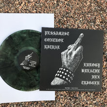 Charger l'image dans la galerie, Vinyl record with green marbled design and black cover featuring a hand illustration and text on a gravel surface.