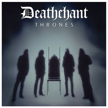 Cargar imagen en el visor de la galería, Album cover with silhouettes of four people and a throne, titled 'Deathchant Thrones'.