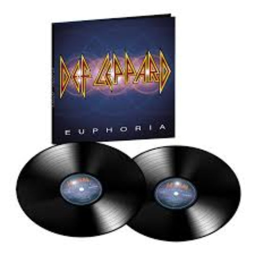 Two vinyl records with a Def Leppard album cover in the background