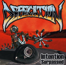 Cargar imagen en el visor de la galería, CD cover art featuring a stylized illustration with a metallic robot and a title 'Intention Surpassed' by Defecation.