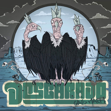 Record cover art featuring three stylized crow-like figures with gas masks in a dark, icy landscape with skulls and the text 'DESCARO' prominently displayed.