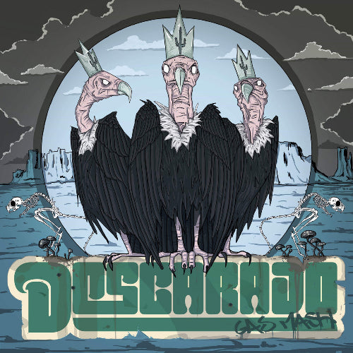 Record cover art featuring three stylized crow-like figures with gas masks in a dark, icy landscape with skulls and the text 'DESCARO' prominently displayed.