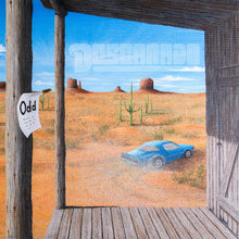 Load image into Gallery viewer, Desert scene with a blue car and cacti through wooden doors, featuring the brand 'Lehigh'.