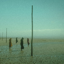 Charger l'image dans la galerie, A group of individuals dressed in dark, hooded cloaks standing on a wet, flat landscape with poles sticking out of the ground, under a hazy sky.