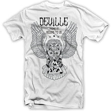 Charger l&#39;image dans la galerie, White Deville band t-shirt with an owl design and text on a white background