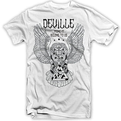 White Deville band t-shirt with an owl design and text on a white background