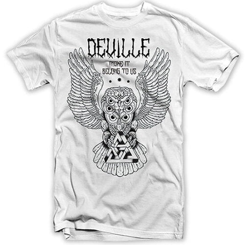 White Deville band t-shirt with an owl design and text on a white background