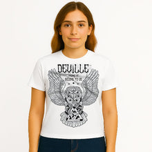 Charger l&#39;image dans la galerie, Person wearing a white t-shirt with a black graphic design on a white background