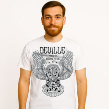 Charger l&#39;image dans la galerie, Man wearing a white t-shirt with a graphic design and text on a plain background