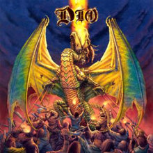 Cargar imagen en el visor de la galería, Album cover art for Dio's Killing The Dragon featuring a colorful illustration of a dragon with wings extended, surrounded by flames and a crowd of people.