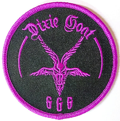 Patch with pink goat head design and 'Dixie Goat GGG' text on a black background