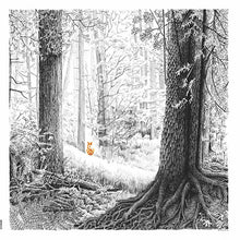 Cargar imagen en el visor de la galería, Illustration of a fox in a forest with large trees and snow on the ground.