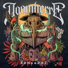 Charger l'image dans la galerie, Album cover art for 'Bone Goat' by the band NoomherrF, featuring a central gothic plague doctor mask and armor surrounded by flowers, birds, and glowing green energy effects on a dark textured background.
