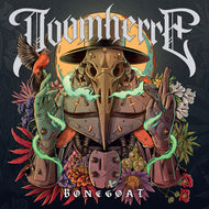Album cover art for 'Bone Goat' by the band NoomherrF, featuring a central gothic plague doctor mask and armor surrounded by flowers, birds, and glowing green energy effects on a dark textured background.