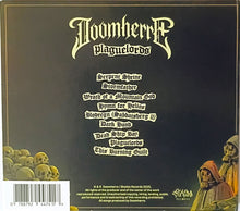 Cargar imagen en el visor de la galería, Back cover of the album 'Plaguelords' by the band DoomherrE, featuring a dark black background with cream-colored gothic lettering, a list of tracks, skull illustrations on the bottom left, and a hooded figure on the bottom right.