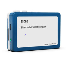 Cargar imagen en el visor de la galería, Blue and white Bluetooth cassette player with 'ezcap' branding on a white background