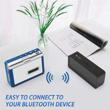 Cargar imagen en el visor de la galería, Blue cassette player and black wireless speaker on a white surface with text 'Easy to connect to your Bluetooth device'.