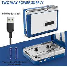 Cargar imagen en el visor de la galería, Blue and silver two-way power supply device with USB cable and batteries on a white background