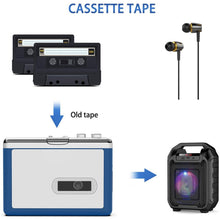 Cargar imagen en el visor de la galería, Illustration showing a cassette tape, earbuds, and a portable speaker with text indicating an upgrade from old tape to modern device.