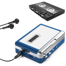 Cargar imagen en el visor de la galería, Blue and silver cassette player with a black cassette tape and earphones on a white background