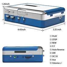 Cargar imagen en el visor de la galería, Blue and silver cassette player with dimensions and control labels on a white background