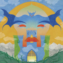 Cargar imagen en el visor de la galería, Colorful illustration of a castle with dragon wings against a blue sky.