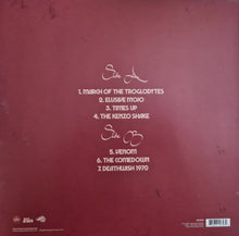 Load image into Gallery viewer, Back cover of a vinyl record with tracklist on a maroon background